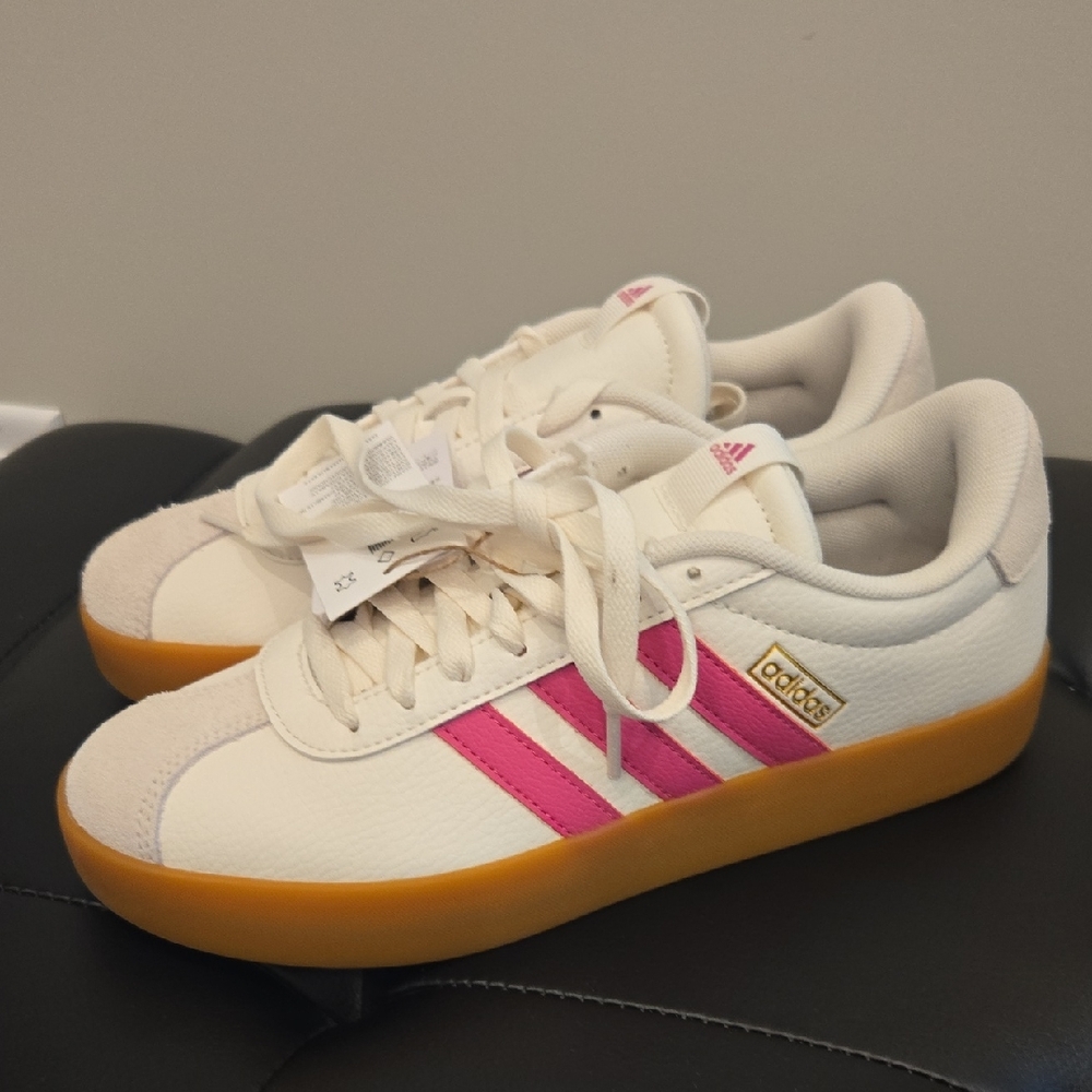 adidas Women's White Sneakers with Pink Stripes and Gum Sole